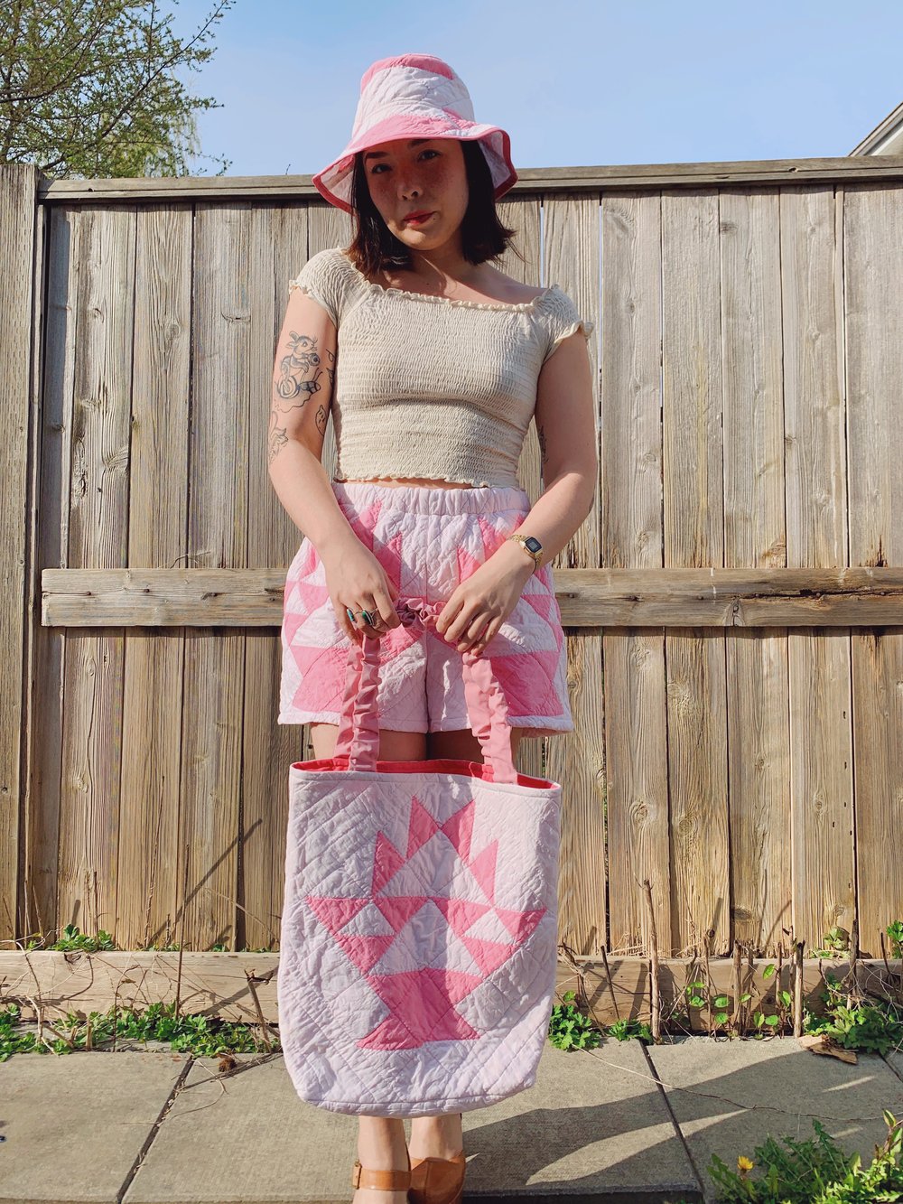 Image of Quilted Scrunchie Tote Bag — Pink Flower Basket