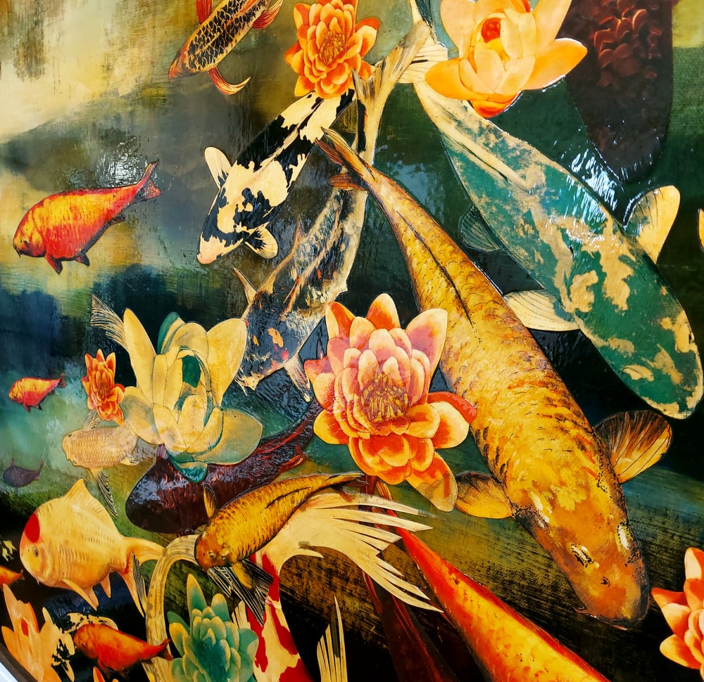 Image of Original Canvas - Koi on Prussian Blue/Pale Ochre/Gold