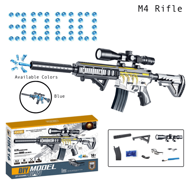 Image of M4 - Automatic Toy Gel Ball Blaster Set Battle Kit 3000 Water Beads, Scope, Magazine and Goggles