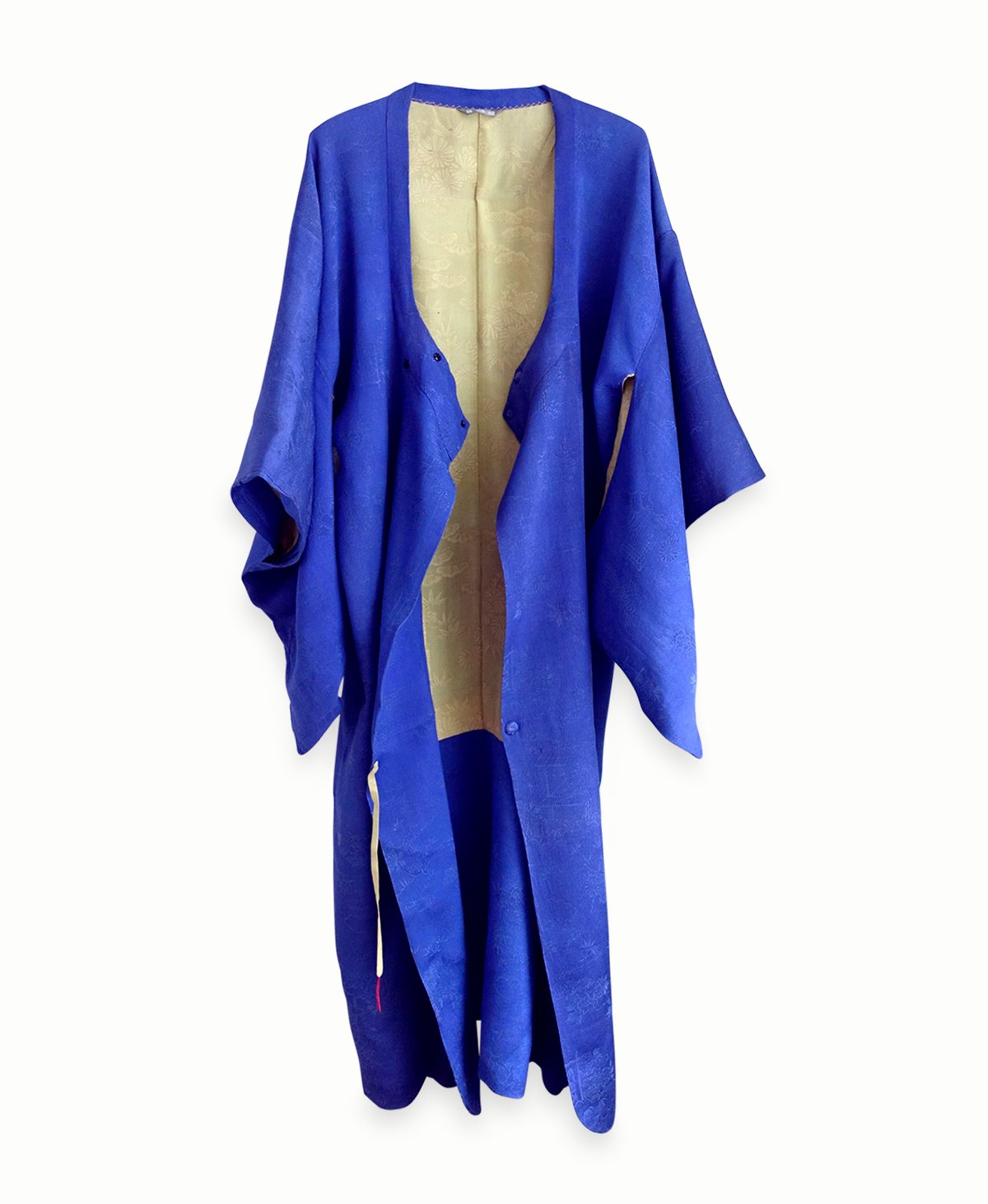 Image of Blå kimono af silke med sennepgult for