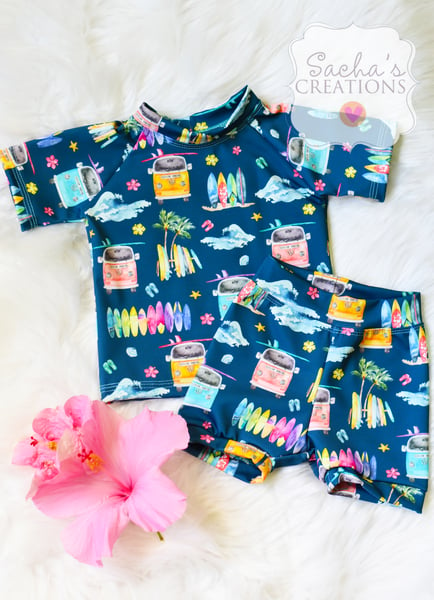 Image of Surf's Up Swim Rash Guard & Bummies Shorts Set