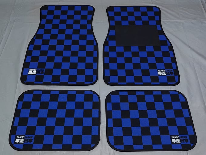 Image of Blue Universal JDM Style Retro 80's 90's Style Checkered Floor Mats 4 Piece Set