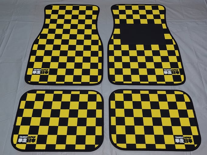 Image of Yellow Universal JDM Style Retro 80's 90's Style Checkered Floor Mats 4 Piece Set