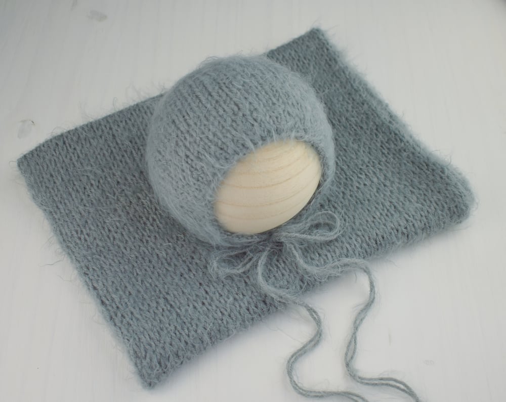 Image of Charcoal Grey Fuzzy Knit Bonnet and Wrap