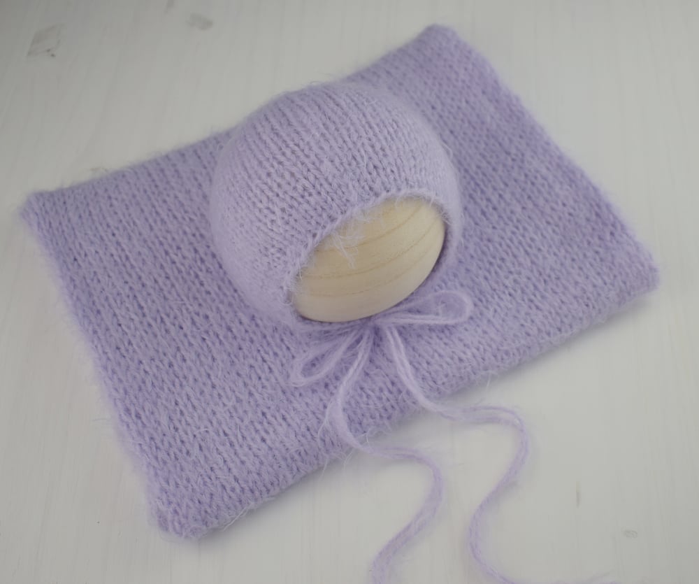Image of Lavender Fuzzy Knit Bonnet and Wrap