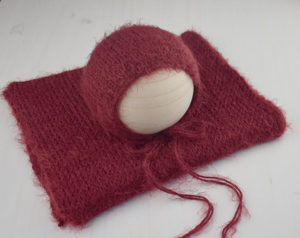 Image of Merlot Fuzzy Knit Bonnet and Wrap