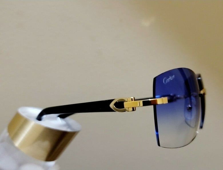 Image of Cartier C Decor Sunglasses Black Buffalo Horn 18k Gold With Custom Blue LensesðŸ’Ž