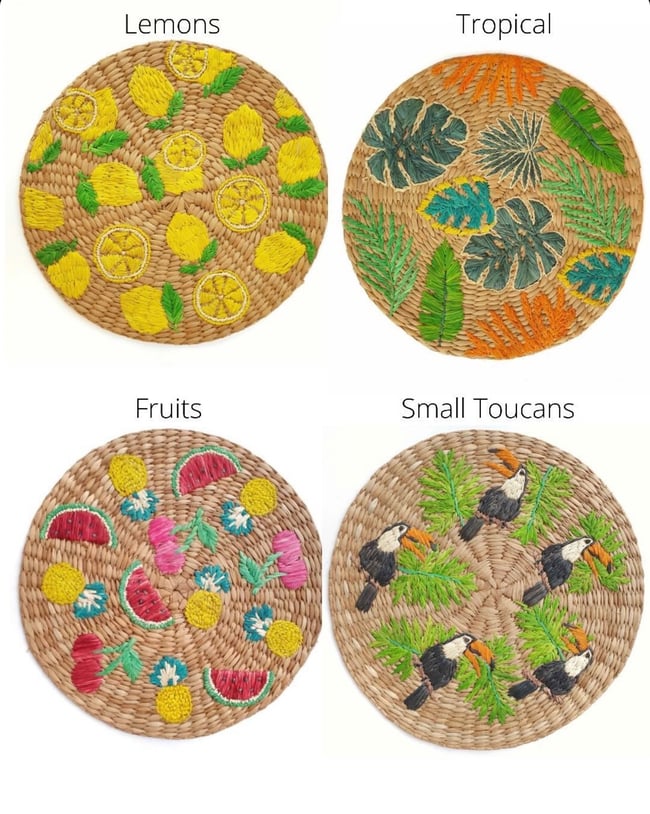 Hand Embroidered Seagrass Placemat 13"