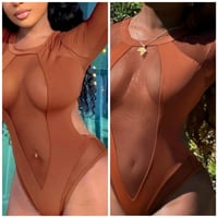 Image 1 of BROWN CUT OUT BODYSUIT FRONT SHEER 