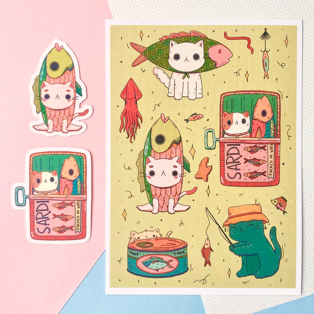 Image of Fishy Cats Art Print and Vinyl Sticker Set