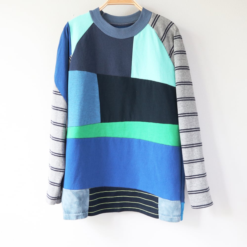 Image of blues stripe patchwork baseball raglan longsleeve 10/12 courtneycourtney tee shirt unisex top