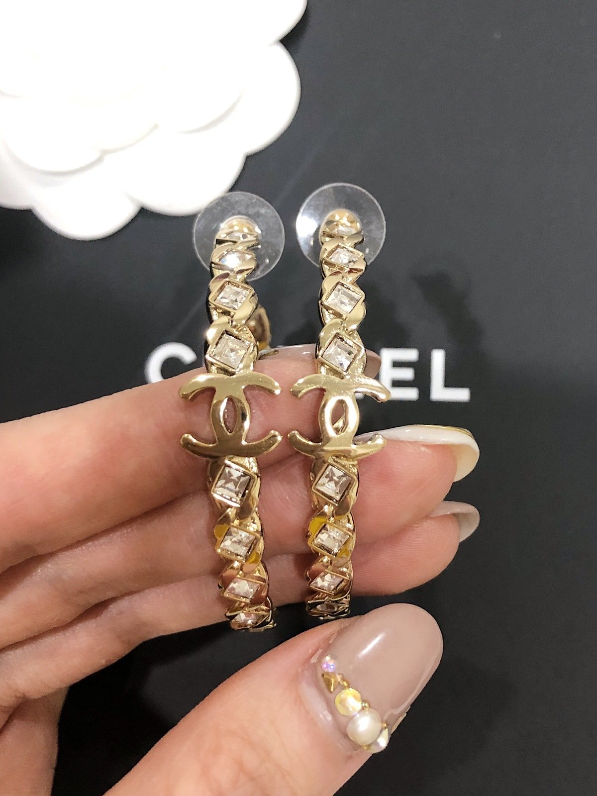 Image of (SOLD OUT ЁЯЪл) CHANEL Strass CC Hoop Earrings 