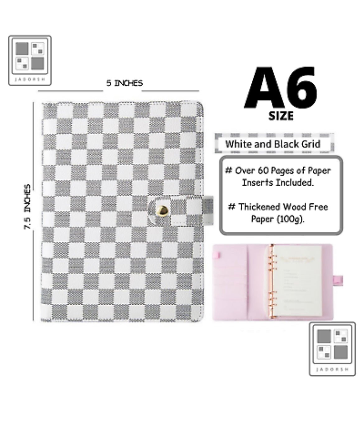 China Luxury Loose Leaf White Checkboard Planner Cover A5 A6