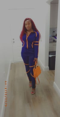 Image 3 of 2 piece long romper orange/navy blue.