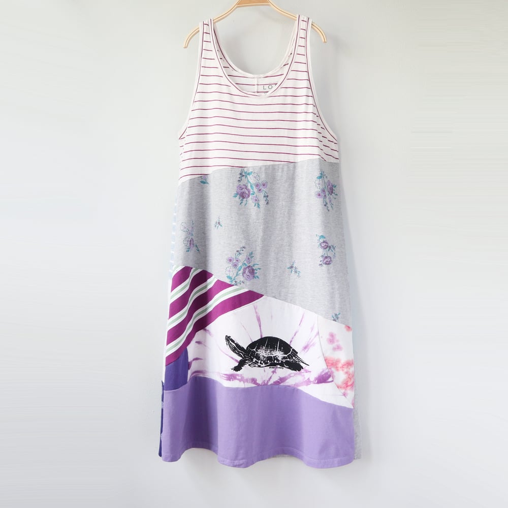Image of  turtle silkscreen patchwork purple adult size L Large sleeveless courtneycourtney tank dress