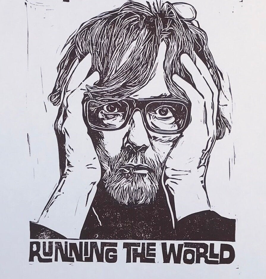 Image of Jarvis Cocker. Running The World. Hand Made. Original A4 linocut print. Limited and Signed. Art.