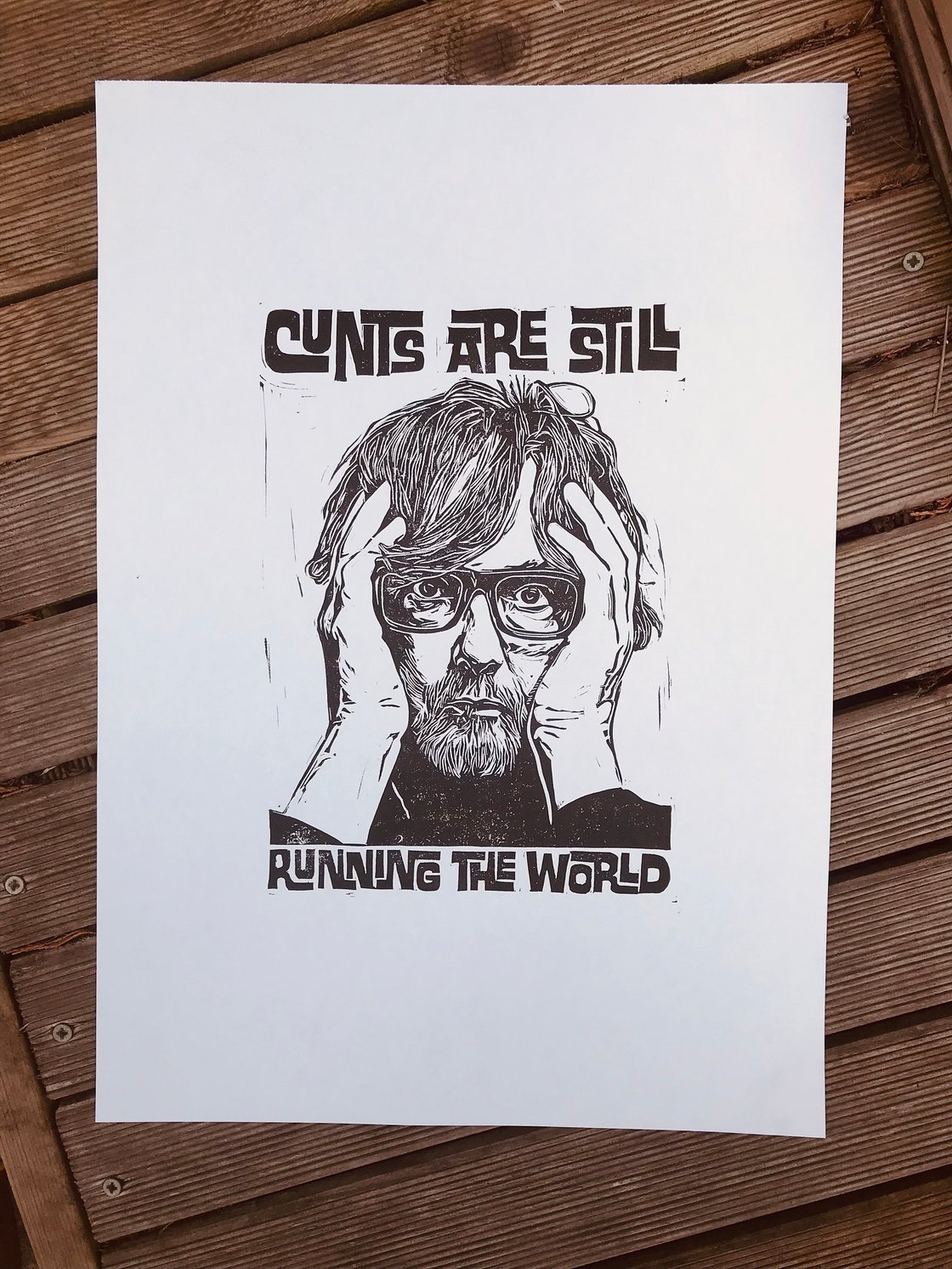 Image of Jarvis Cocker. Running The World. Hand Made. Original A4 linocut print. Limited and Signed. Art.