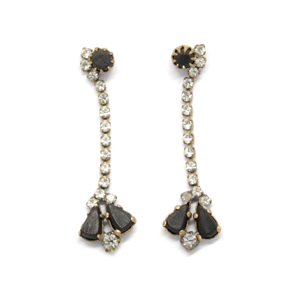 Image of PAIR OF VINTAGE RHINESTONE + EBONY EAR RINGS