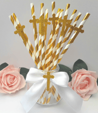 6 Christening Straws,Gold Holy Communion Straws,Rose Gold Straws,Gold Cross Straws
