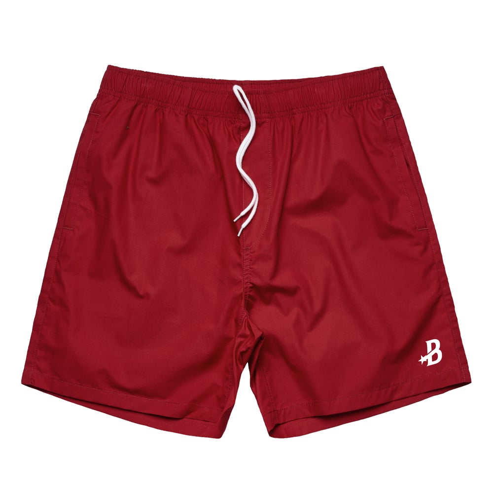 Image of Bay Inf Co - cardinal red beach shorts