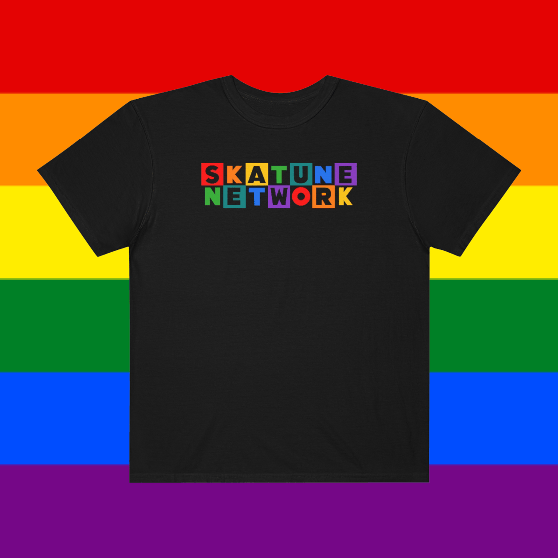 Image of PRIDE 2022 | Skatune Logo | Gay Pride Flag Colors | Black Comfort Colors Shirt