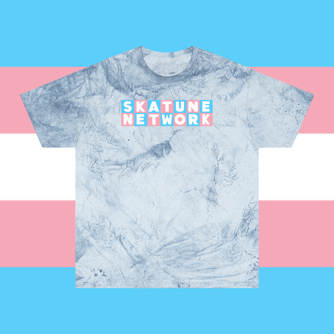 Image of PRIDE 2022 | Skatune Logo | Trans Pride Flag Colors | Blue Mineral Wash Comfort Colors Shirt