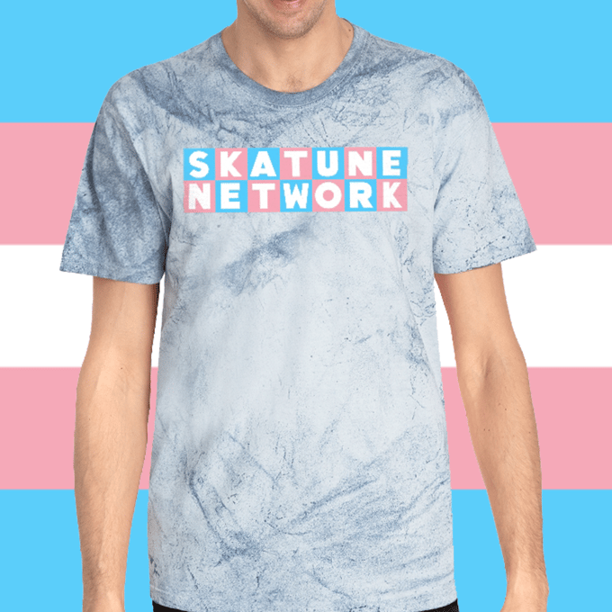 Image of PRIDE 2022 | Skatune Logo | Trans Pride Flag Colors | Blue Mineral Wash Comfort Colors Shirt