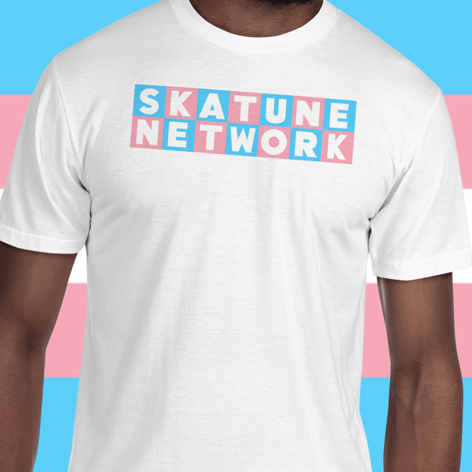 Image of PRIDE 2022 | Skatune Logo | Trans Pride Flag Colors | White Comfort Colors Shirt