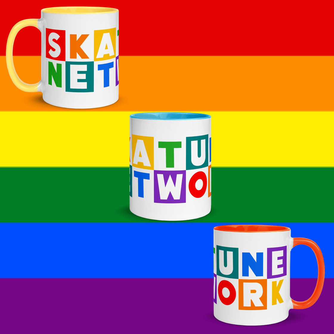 Image of PRIDE 2022 | Skatune Logo | Gay Pride Flag Colors | Orange, Blue, or Yellow Mugs