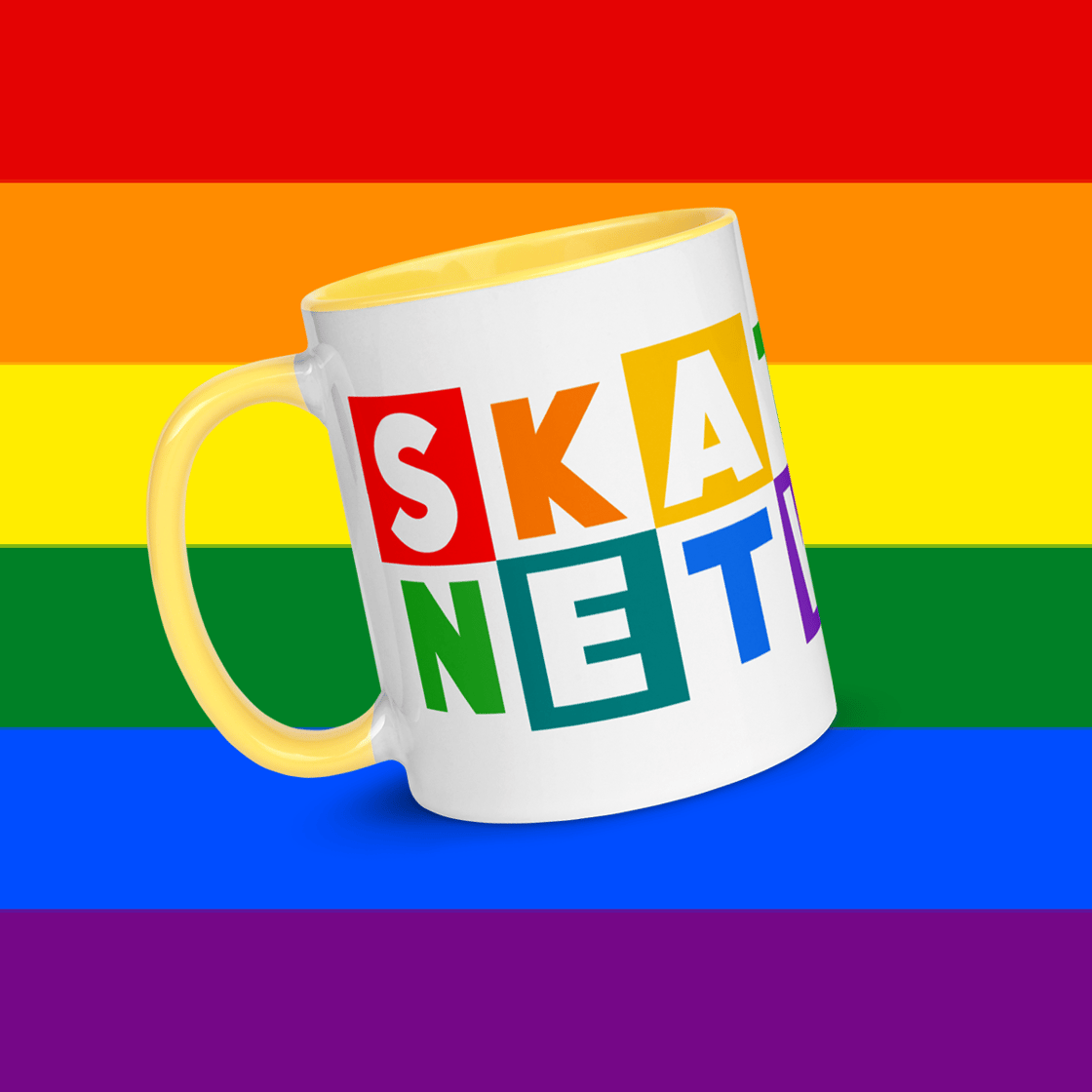 Image of PRIDE 2022 | Skatune Logo | Gay Pride Flag Colors | Orange, Blue, or Yellow Mugs