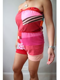 Image 3 of patchwork red pink waist tie courtneycourtney adult L large strapless tube romper coverup retro vtg