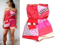 Image 2 of patchwork red pink waist tie courtneycourtney adult L large strapless tube romper coverup retro vtg