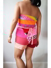 Image 5 of patchwork red pink waist tie courtneycourtney adult L large strapless tube romper coverup retro vtg