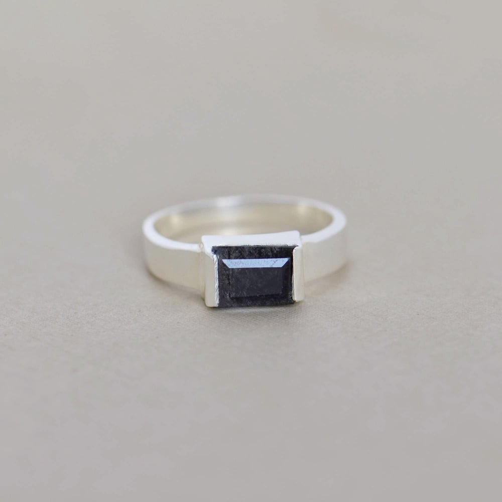 Image of Black Rutilated Quartz (Black Tourmalined Quartz) rectangular cut wide band silver ring