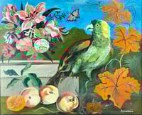 Image 1 of Parrot with Flowers and Peaches