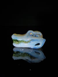 Image 2 of Ghost alligator skull pendant with illuminati teeth and 5mm opal coin eyes. 