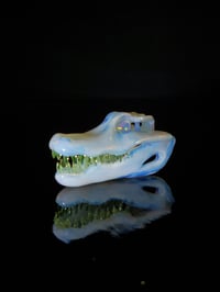 Image 3 of Ghost alligator skull pendant with illuminati teeth and 5mm opal coin eyes. 