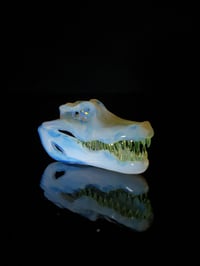 Image 4 of Ghost alligator skull pendant with illuminati teeth and 5mm opal coin eyes. 