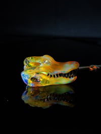 Image 3 of NS yellow alligator skull pendant with 3mm opal coin eyes. 