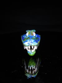 Image 3 of Mystery adventurine alligator skull pendant with 6mm opal coin eyes.