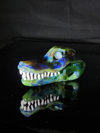 Image 4 of Mystery adventurine alligator skull pendant with 6mm opal coin eyes.