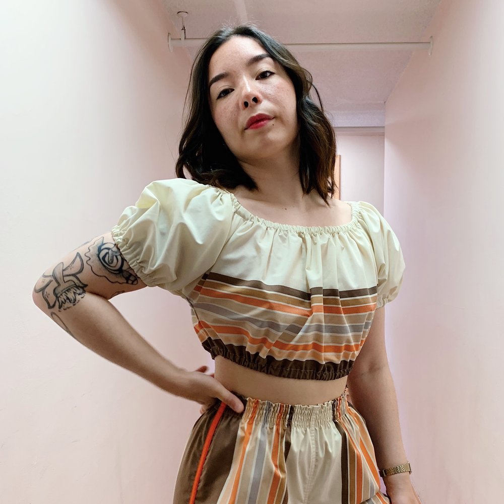 Image of Crop Puff Sleeve Top — 1970s Retro Stripes