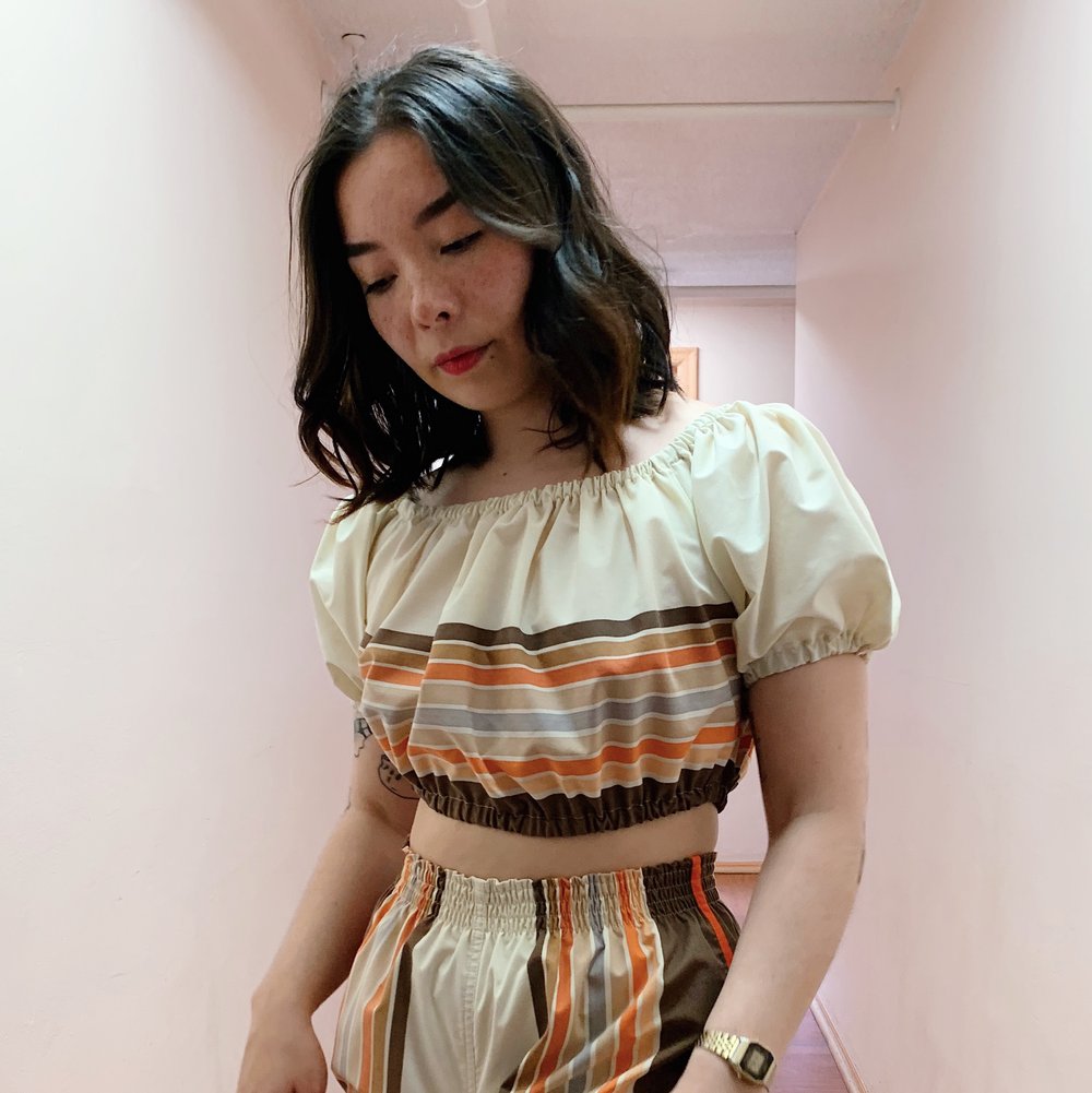 Image of Crop Puff Sleeve Top — 1970s Retro Stripes