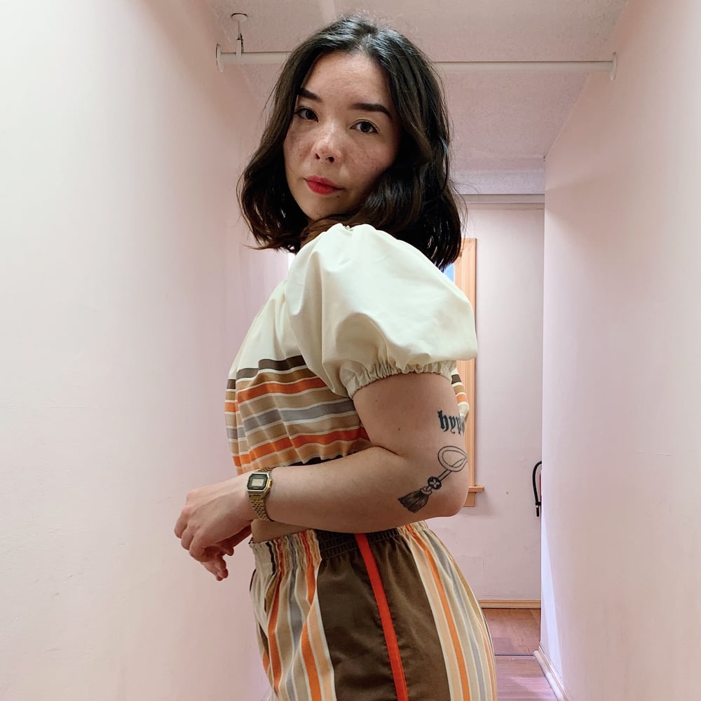 Image of Crop Puff Sleeve Top — 1970s Retro Stripes