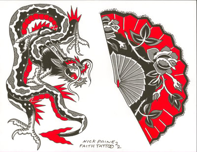 Image of Dragon and fan 11x14 original flash sheet