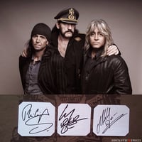 Image 1 of Motörhead autographs vinyl stickers Lemmy Kilmister, Phil Campbell, Mikkey Dee signature guitar 