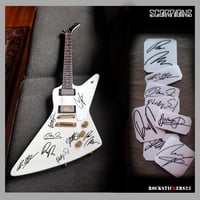 Image 1 of Scorpions autographs guitar stickers Klaus Meine,Rudolf Schenker,Matthias Jabs,Francis Buchholz...