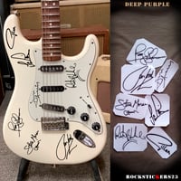 Image 1 of Deep Purple autographs guitar vinyl stickers Don Airey,Ian Gillan, Ian Paice,Jon Lord...