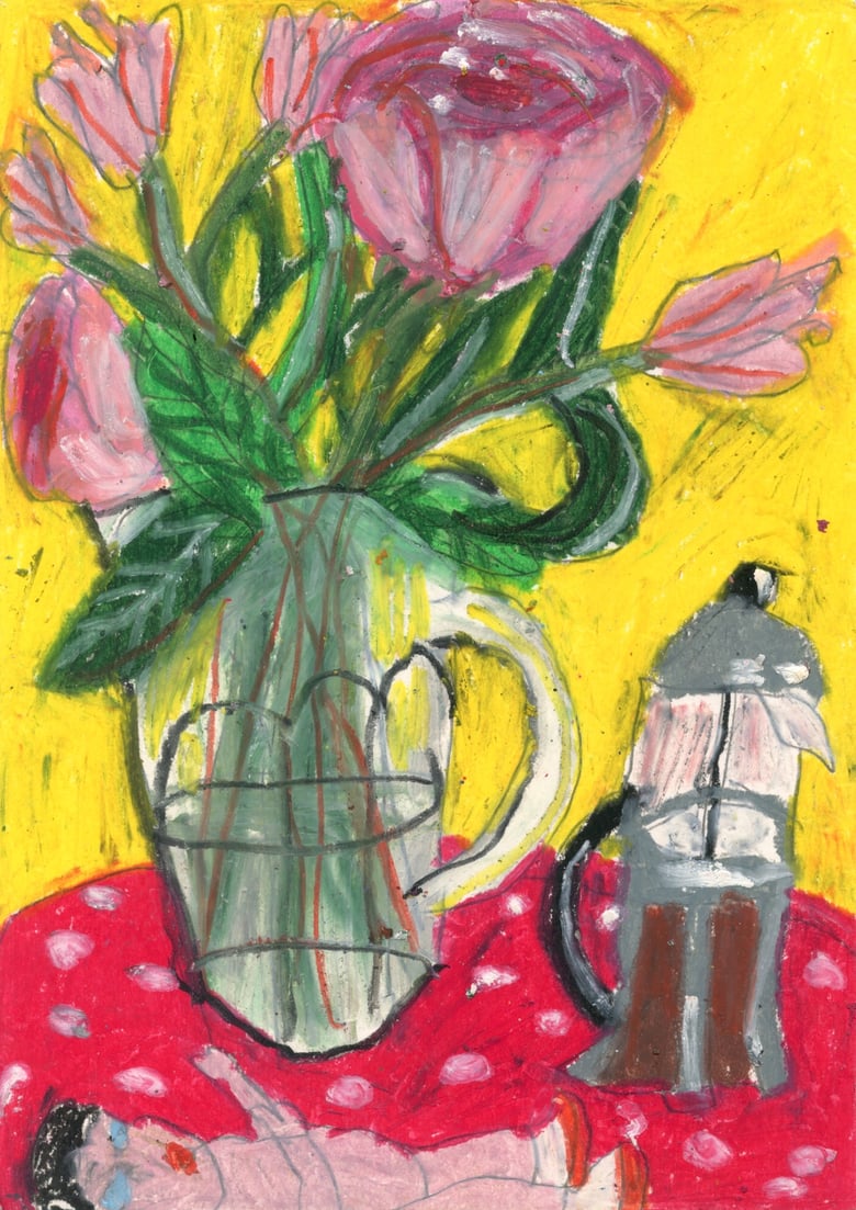 Image of roses, coffee, doll