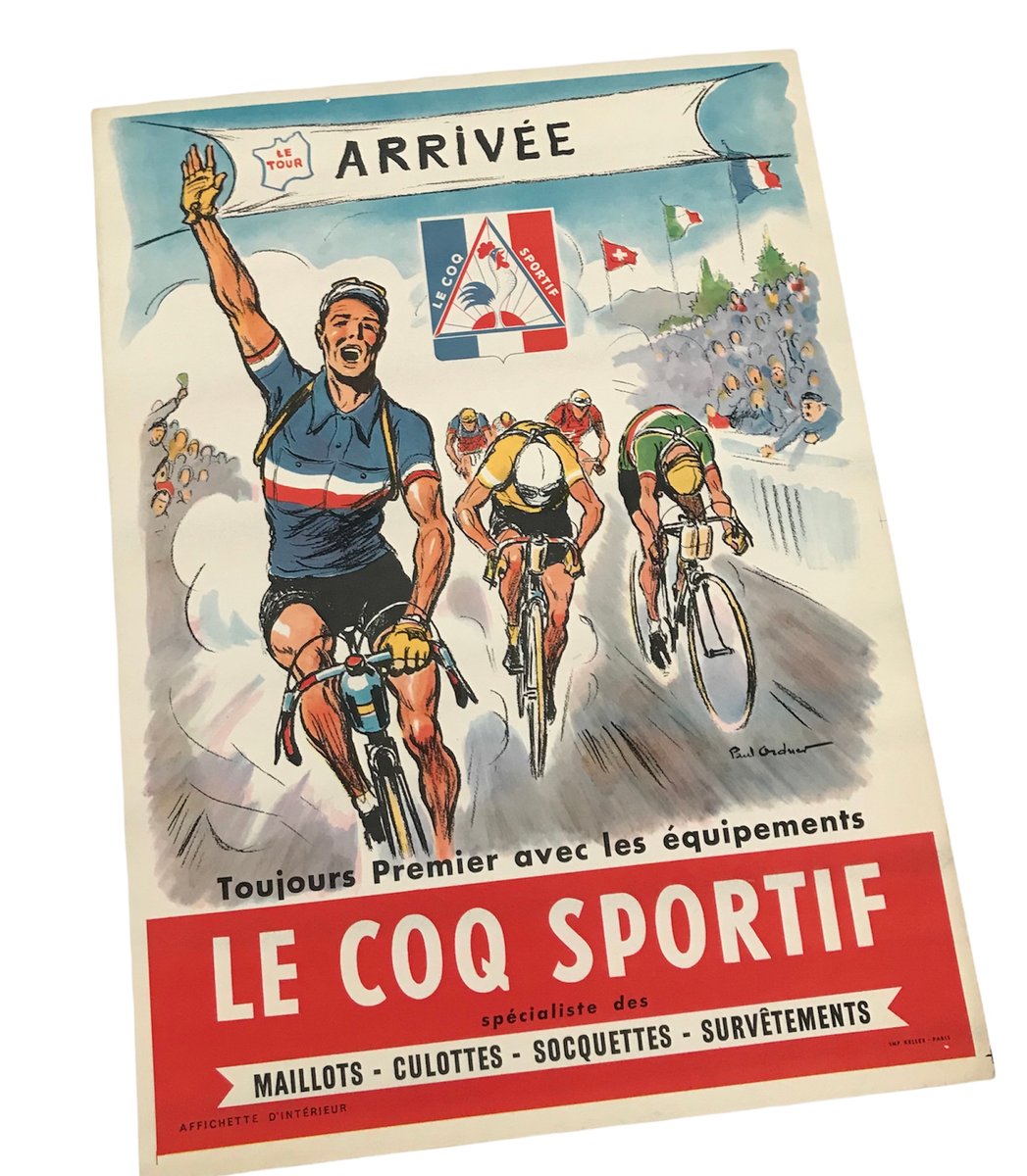 Original vintage poster Le Coq Sportif Circa 1950s Tour de France illustrated by Paul Ordner. Biciclissima